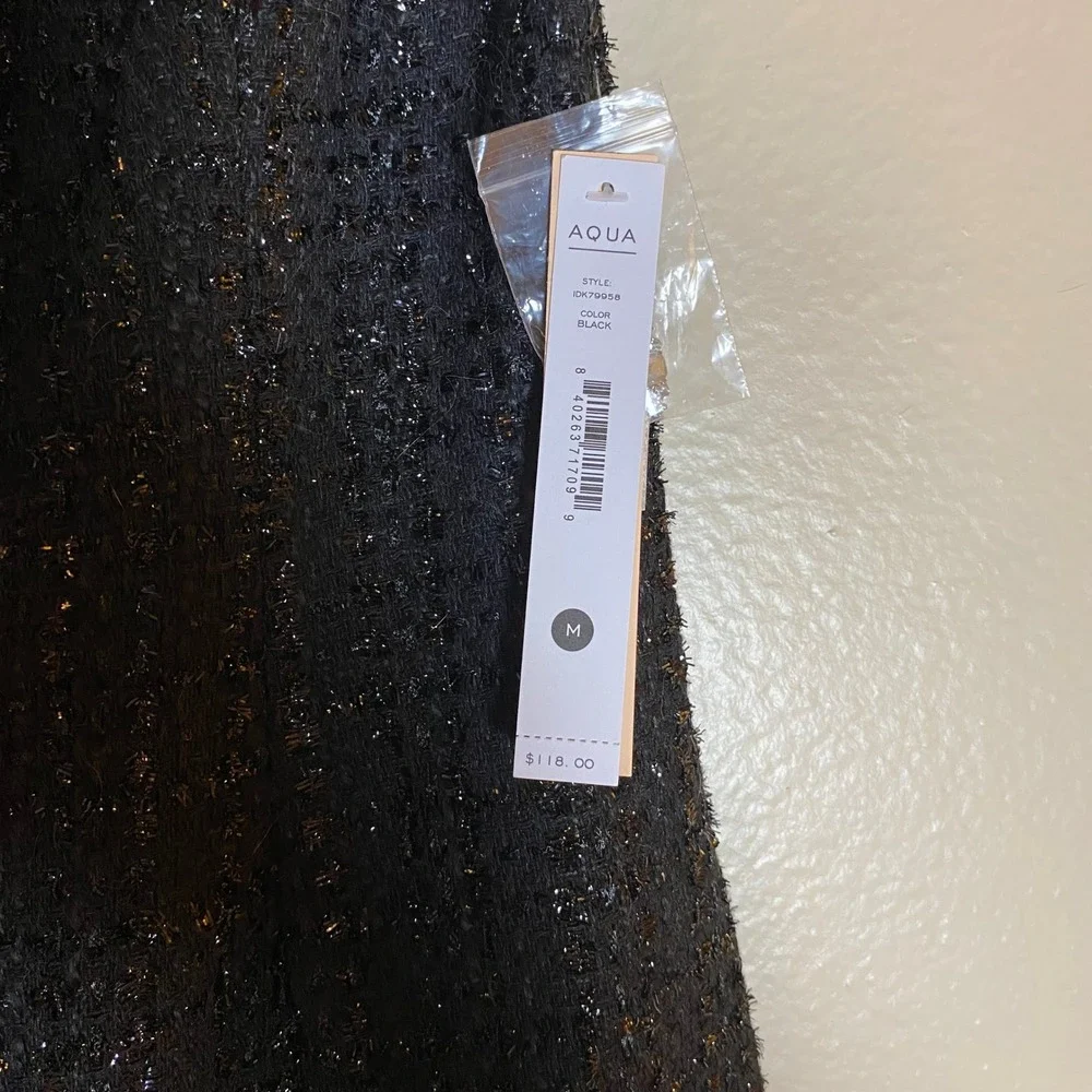 AQUA Black Tweed Mini Dress Off Shoulder Party Cocktail Rhinestone Buttons M - Picture 15 of 16